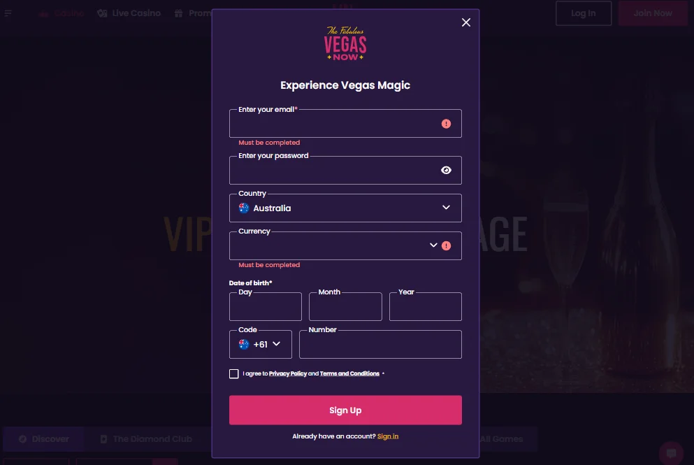 Vegas Now Registration Page in Australia