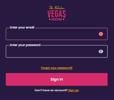 VegasNow Casino Login Form Page