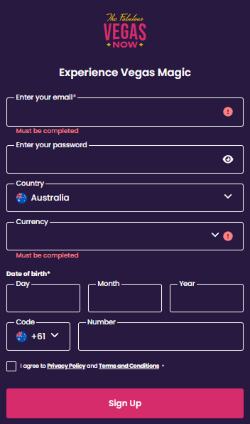 VegasNow Casino Sign Up Form